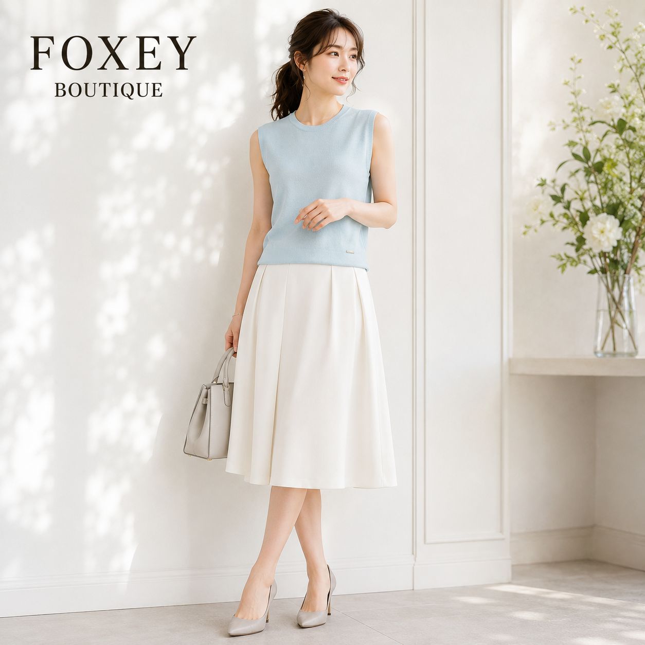 希少サイズ42【参考価格64,800円 / SE掲載商品】FOXEY BOUTIQUE 36716 / フォクシーブティック42 アイスブルー系 カシミヤシルク ニットトップ ロゴプレート付 上品 美シルエット 学校行事 通年 エレガント 人気商品 大人上品
