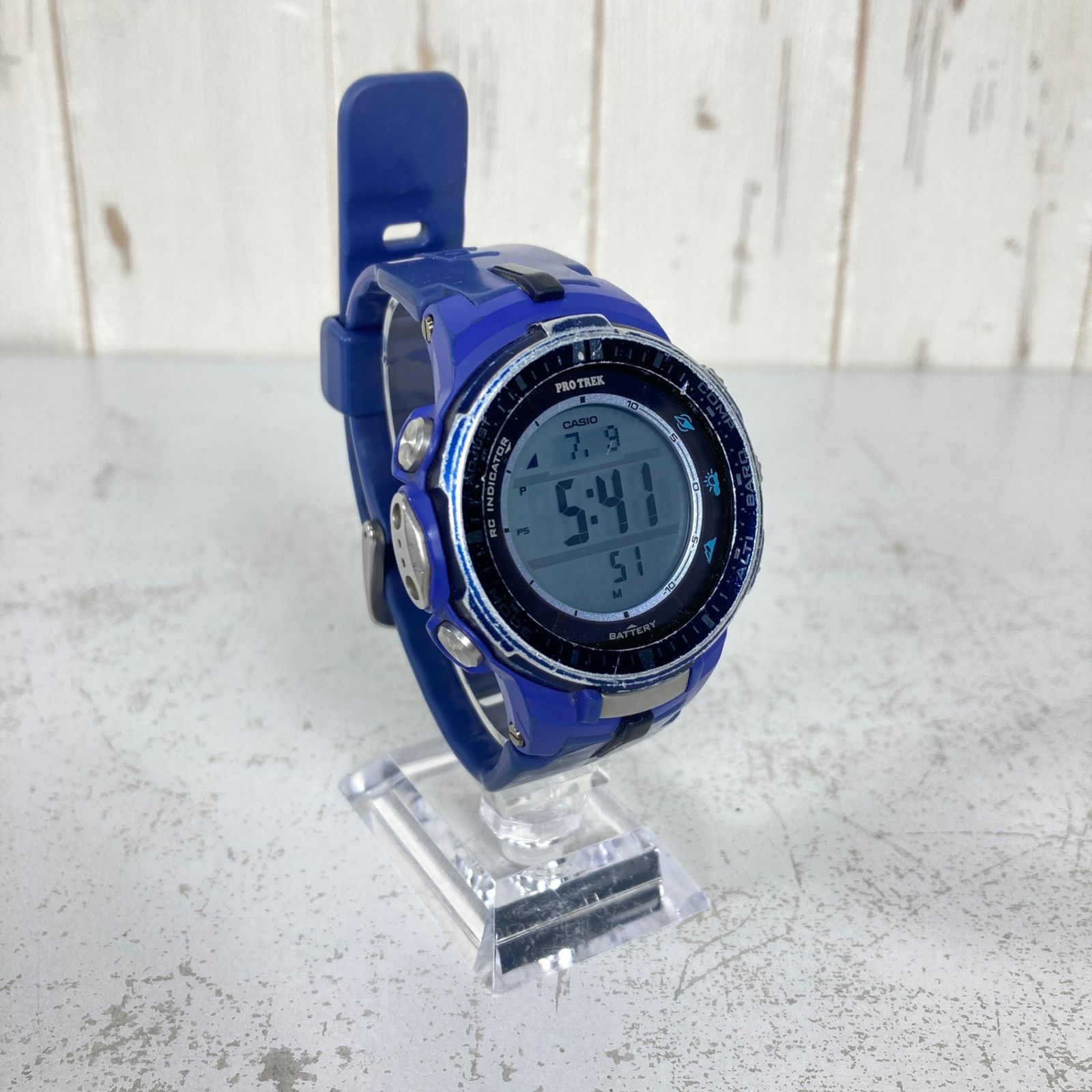 ?️OneSize ブルー系 Pro Trek By Casio ( プロトレック By カシオ ) PRW-3000 スリムライン 電波ソーラー トリプルセンサーVer.3搭載 電子機器 精密機器 アウトドアウォッチ 時計 z000598