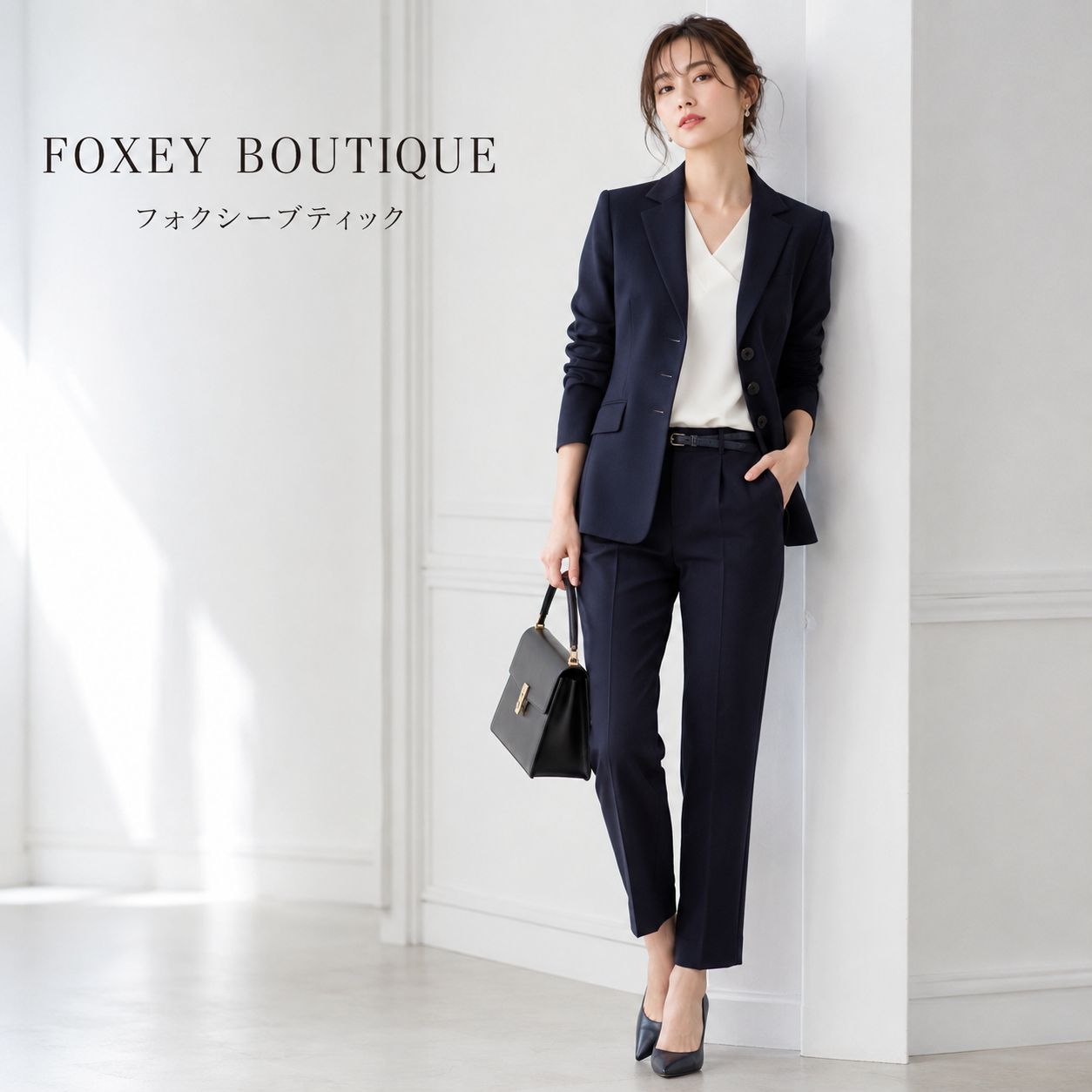【美品 / 上質ウールの洗練シルエット】FOXEY BOUTIQUE / フォクシーブティック 40「Mサイズ/9号相当」ネイビー ウールBLEND ジャケット テーラード 通勤 学校行事 セレモニー お食事会