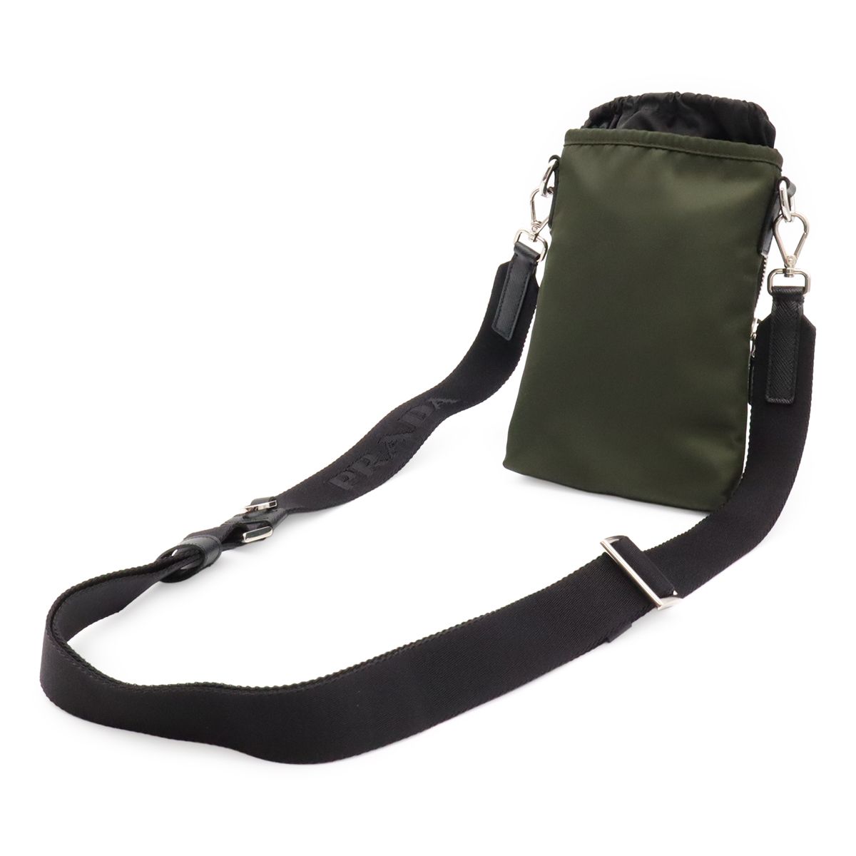 PRADA プラダ トライアングルロゴ スマートフォンケース ショルダーバッグ 巾着ポーチ 2WAY ナイロン カーキ NERO 黒 ブラック シルバー金具 2ZH155 PRADA プラダ トライアングルロゴ スマートフォンケース ショルダー