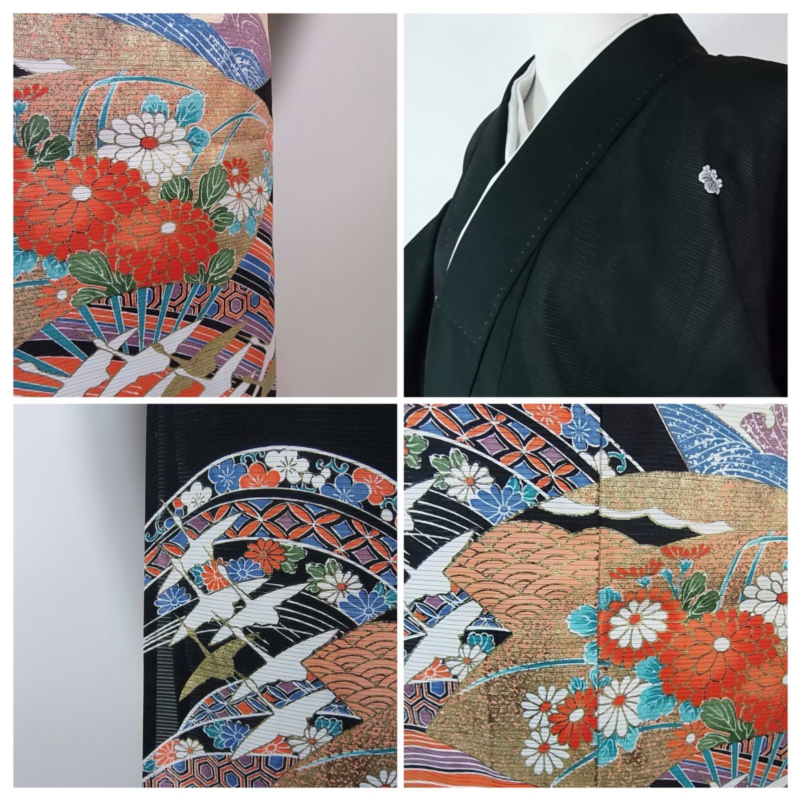 瑞雲に舞う鶴 駒絽 夏黒留袖 花扇面文様 金彩 五つ紋 比翼・袖襦袢付