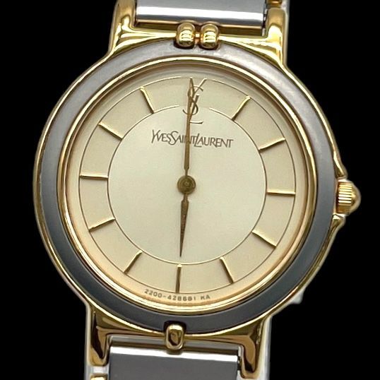 美品 新品電池 稼働品 Yves Saint Laurent イヴサンローラン 2200-228481 コンビ レディース腕時計 クォーツ QZ 2針 アイボリー文字盤 シルバー ゴールド ヴィンテージ