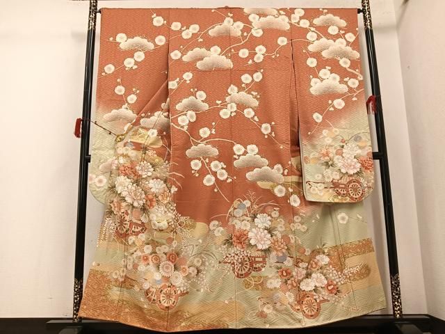 平和屋着物●豪華振袖　駒刺繍　花車文　金彩　正絹　逸品　AABJ3988ph