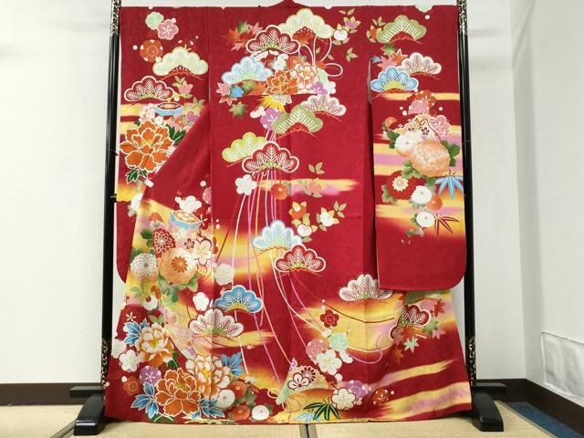 平和屋着物●豪華振袖　駒刺繍　貝桶檜扇松竹梅花文　暈し染め　銀通し地　正絹　逸品　CABG0985yc