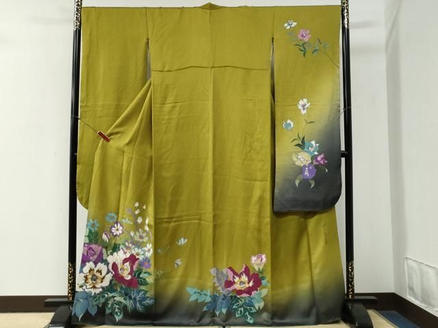 平和屋着物●二代目清次郎　手描き　振袖　草花文　暈し染め　金通し地　正絹　逸品　CABG1002yc