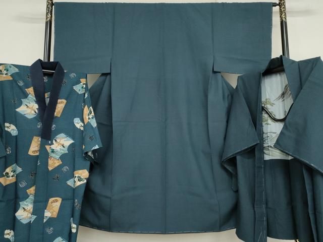 平和屋着物●男性　紬　アンサンブル　長襦袢(無双仕立て)セット　色無地　薄縹色　正絹　逸品　未使用　AABJ3250cs