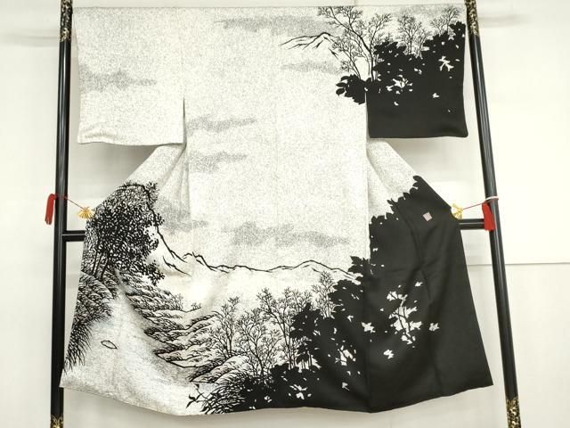 平和屋着物●男性　東京手描友禅　寺澤森秋　訪問着　風景文　枝葉シルエット　たたき染め　金彩　正絹　逸品　AABJ3261cs