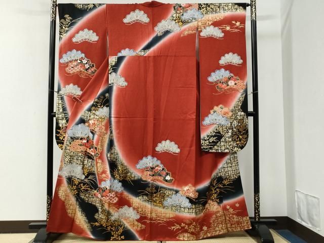 平和屋着物●豪華振袖　駒刺繍　花唐草松吉祥文　暈し染め　金彩　正絹　逸品　CABG0578yc
