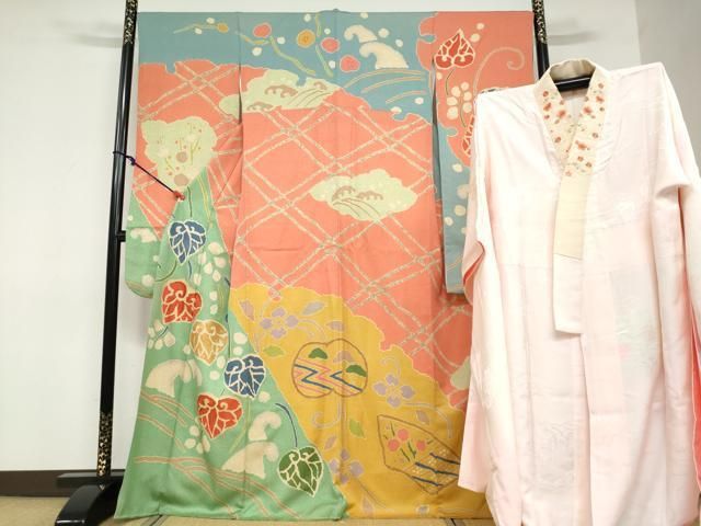 平和屋着物●豪華振袖・長襦袢（袷）セット　草花文　金彩　半衿刺繍　正絹　逸品　DABF1747ud 54,600円
