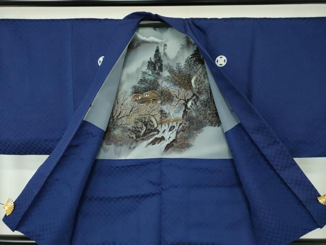 平和屋着物○男性 色紋付 羽織セット 菱地紋 紺地 正絹 逸品