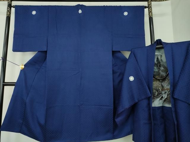 平和屋着物●男性　色紋付　羽織セット　菱地紋　紺地　正絹　逸品　DABE5876ps 平和屋着物○男性 色紋付 羽織セット 菱地紋 紺地 正絹 逸品
