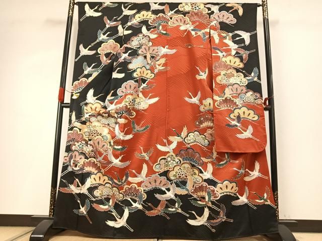 平和屋着物●豪華振袖　駒刺繍　花鳥松文　金彩　正絹　逸品　AABI9036fy