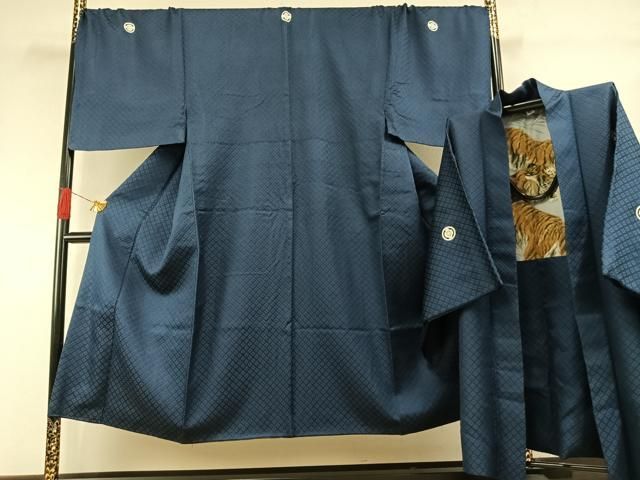 平和屋着物●男性 色紋付 羽織セット 菱地紋 青藍色 キングサイズ 正絹 逸品 AABI1771fy
