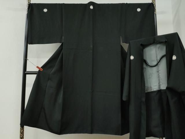 平和屋着物●男性　黒紋付　羽織セット　羽裏：扇・陶器花文　キングサイズ　正絹　逸品　CABG0181yc