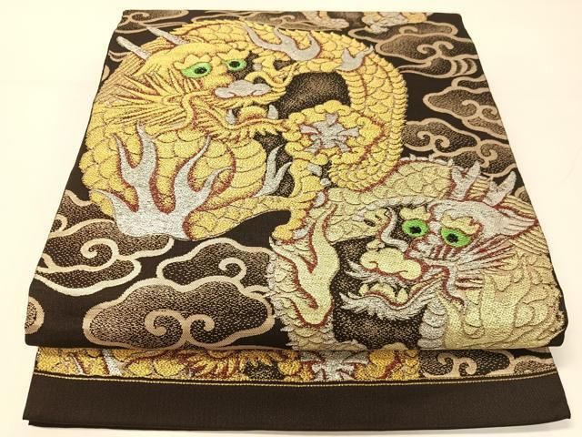 平和屋着物●アンティーク　大正ロマン　九寸開き名古屋帯　雲龍　黒地　金銀糸　正絹　逸品　CABG1937vp