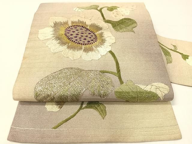 平和屋着物●アンティーク　大正ロマン　総手刺繍　九寸名古屋帯　草花文　銀通し地　正絹　逸品　CABG1945vp