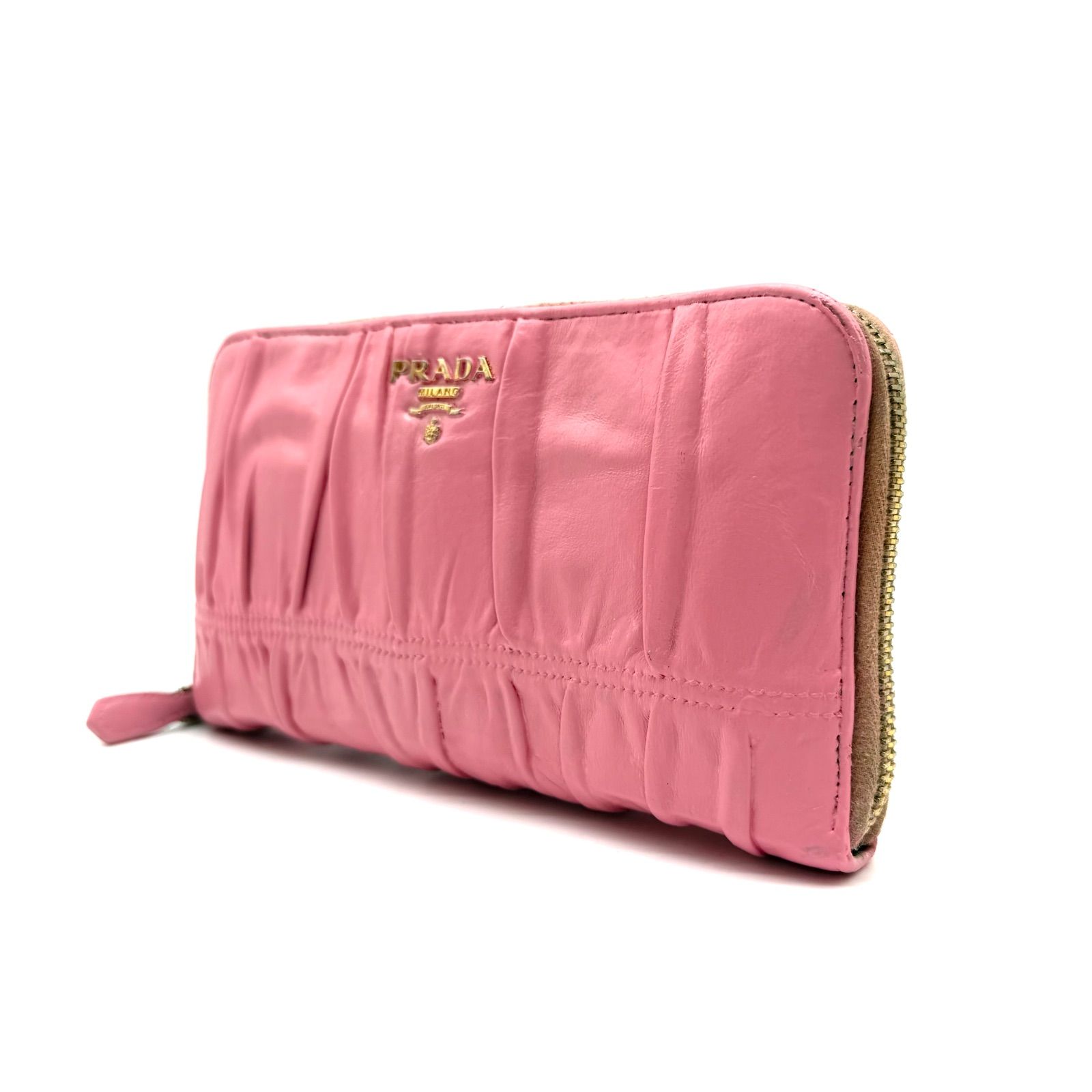 PRADA pink leather wallet round fastener ladies NAPPA GAUFFRE 