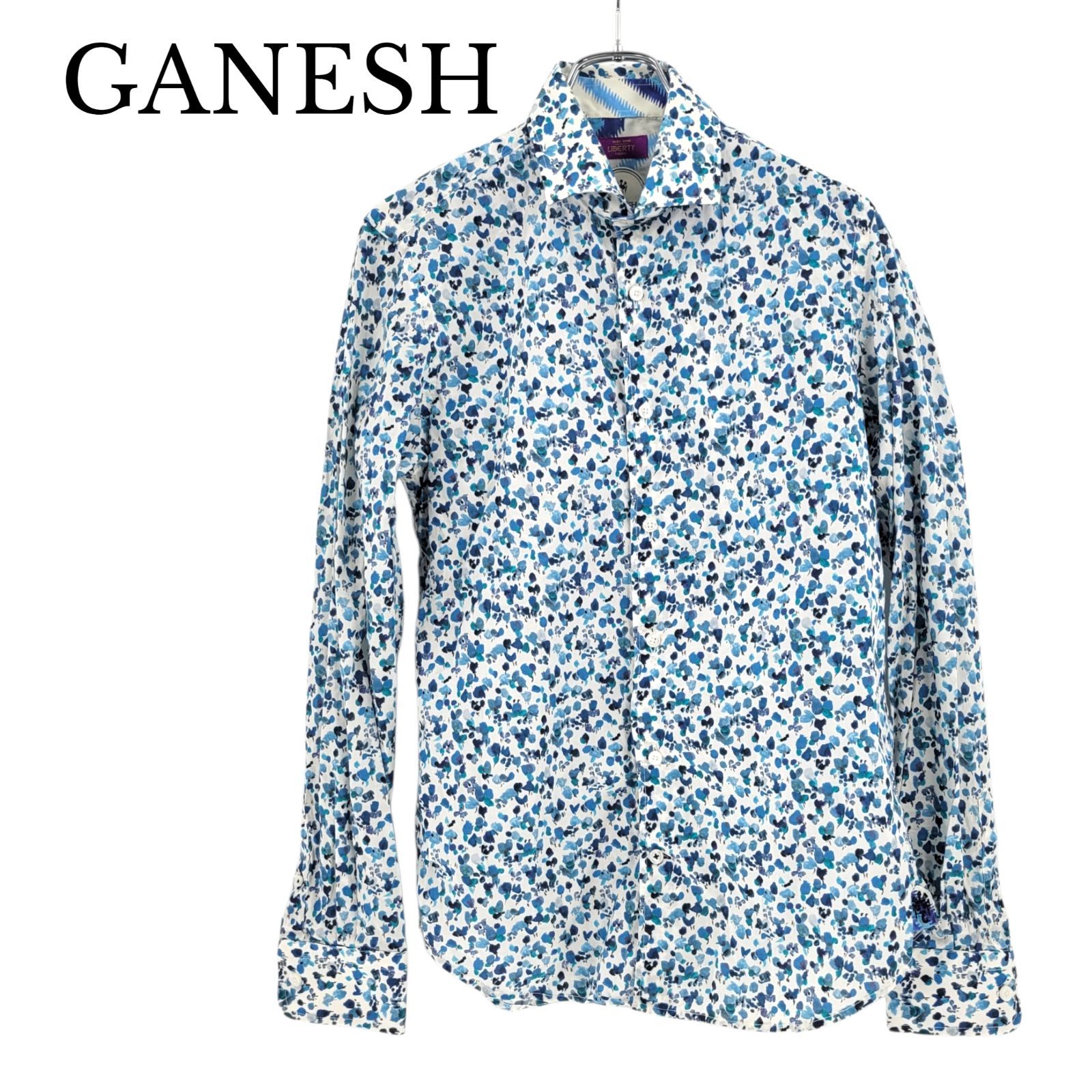 【美品】GANESH ガネーシュ Made with LIBERTY FABRIC リバティ生地 花柄 総柄 長袖シャツ コットン100% ブルー系 メンズ Mサイズ