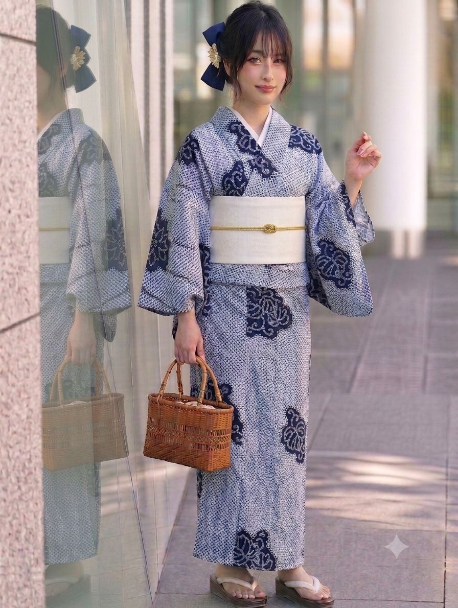 美品】有松鳴海絞り 浴衣 高級浴衣 藍染 総絞り 肩当て居敷当てあり 紺