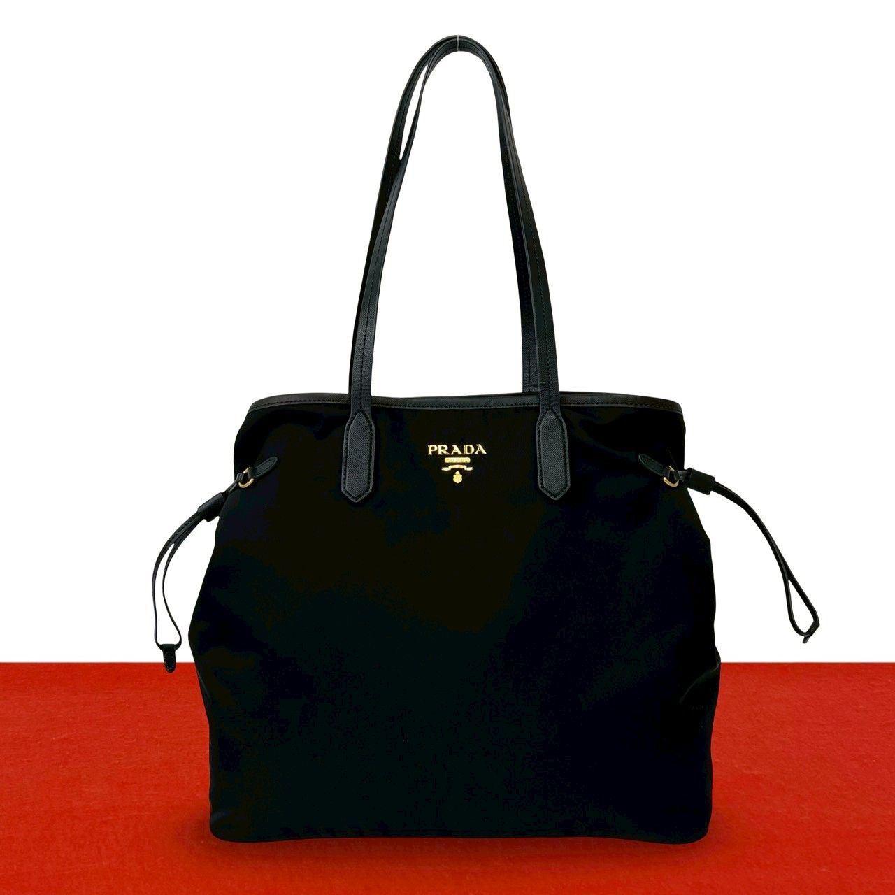 ほぼ未使用 PRADA プラダ ロゴ 金具 ナイロン レザー 本革 トート