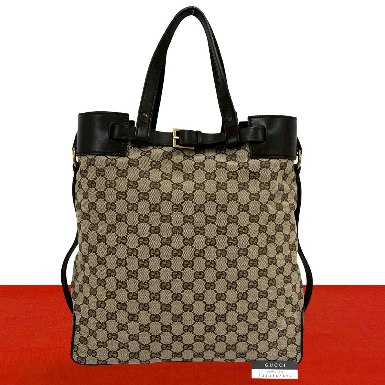 極美品 GUCCI トートバッグ ハンドバッグ 黒 キャンバス GG柄 レザー 極 美品 GUCCI グッチ ロゴ 金具 GG 柄 キャンバス レザー 本革 トート