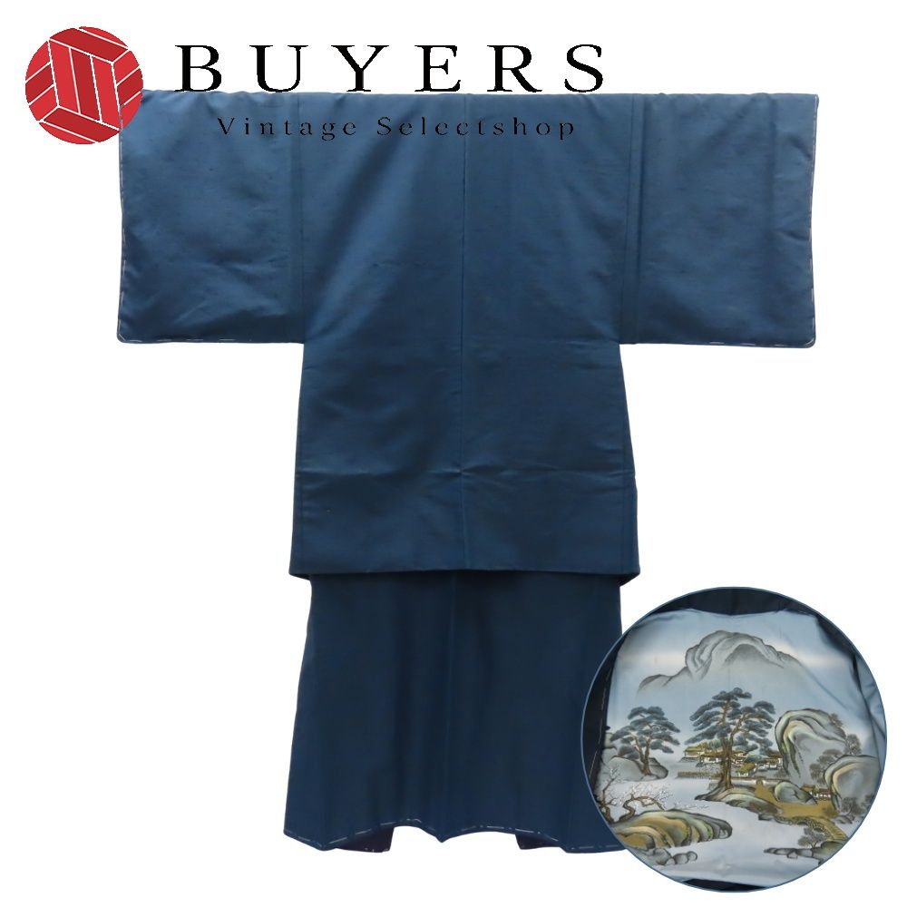 【中古】 着物セット 男着物 アンサンブル ウール 正絹 着丈約95cm 裄丈約67.5cm ネイビー しつけ糸あり 和装 呉服 和服 きもの メンズ 男性