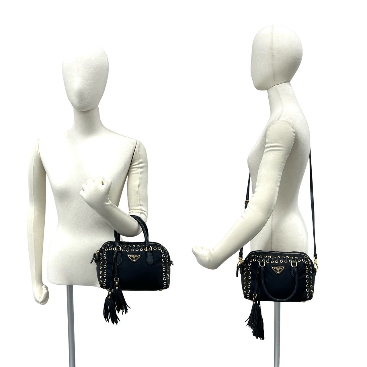 極 美品 PRADA プラダ 三角ロゴ 金具 ナイロン レザー 本革 スタッズ