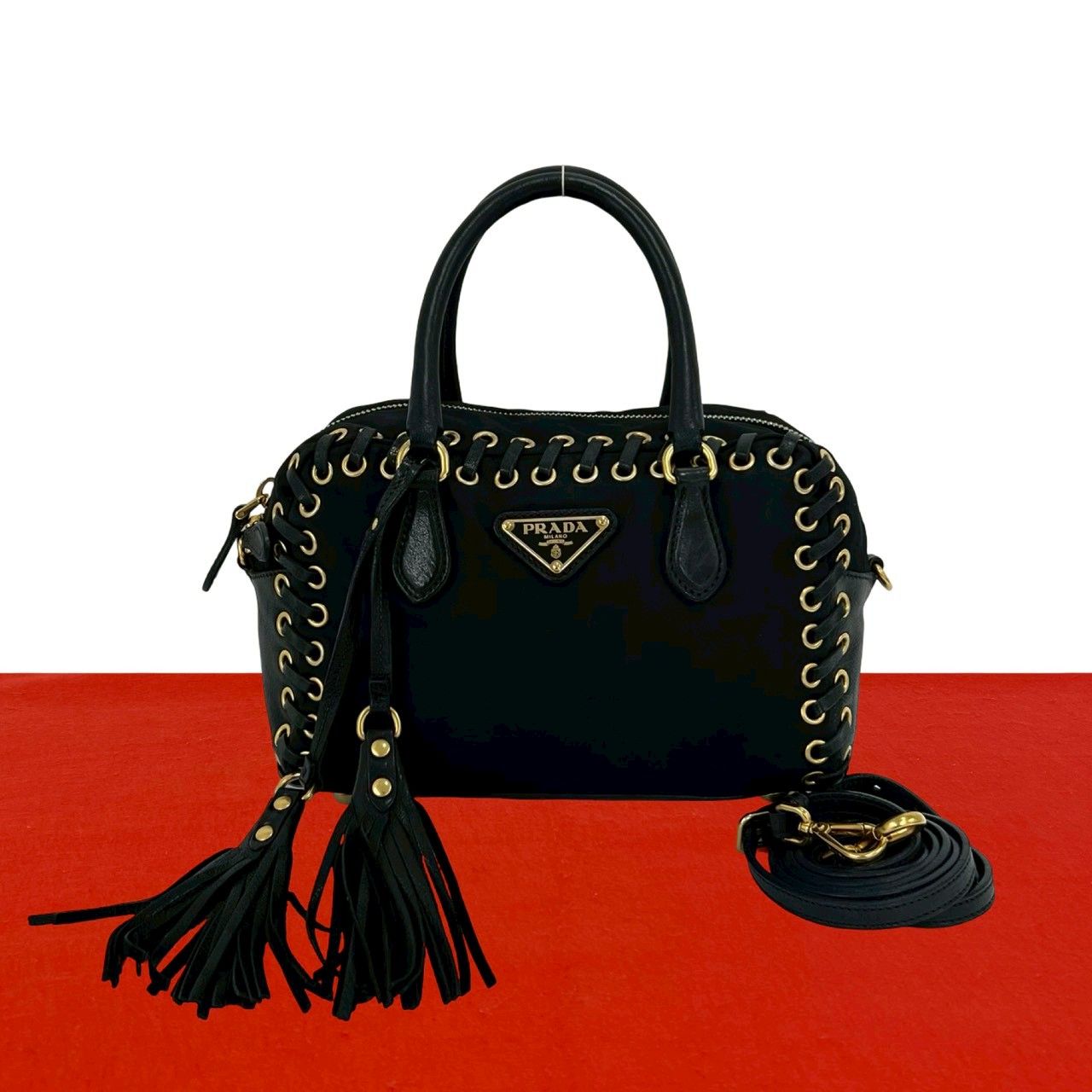 極 美品 PRADA プラダ 三角ロゴ 金具 ナイロン レザー 本革 スタッズ