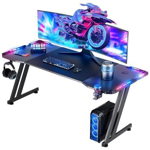パソコンデスク pcデスク ゲームデスク ゲーム用机 耐荷重110KG 炭素繊維天板 炭素繊維天板 ヘッドフォンフック ZZ字脚 カップホルダー 配線穴付き ゲーミングテーブル幅140cm*奥行60cm 組立簡単 ゲーミングデスク ブラック HLDIRECT