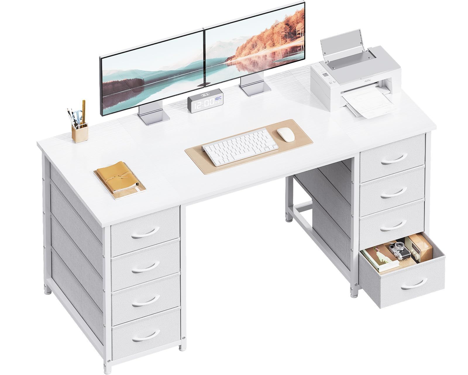 引き出8杯付き 幅120cm デスク 両袖机 pcデスク computer desk 省スペース パソコンデスク 在宅ワーク ゲーミングデスク オフィスデスク AODK 書斎机 組立簡単 ホワイト