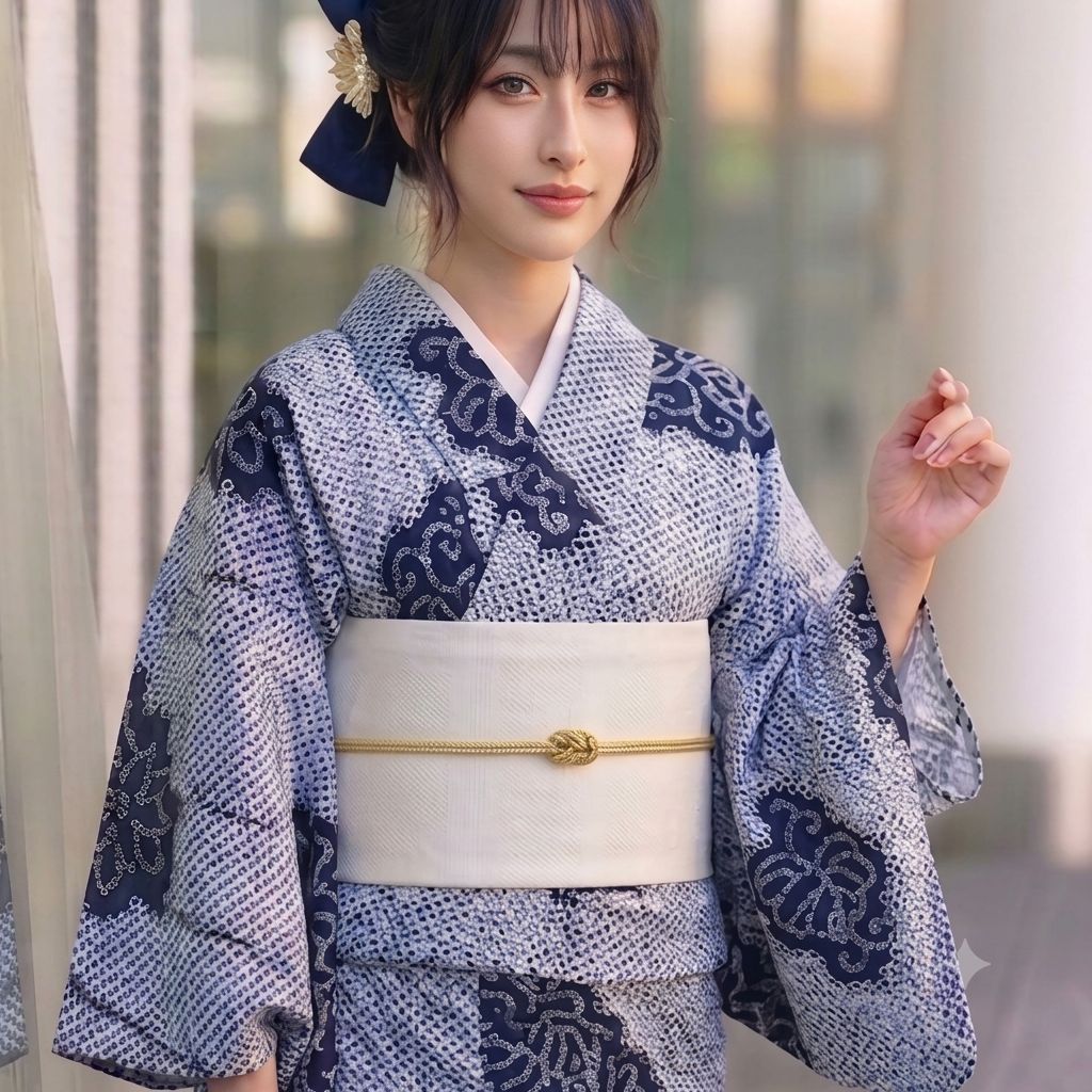 美品】有松鳴海絞り 浴衣 高級浴衣 藍染 総絞り 肩当て居敷当てあり 紺
