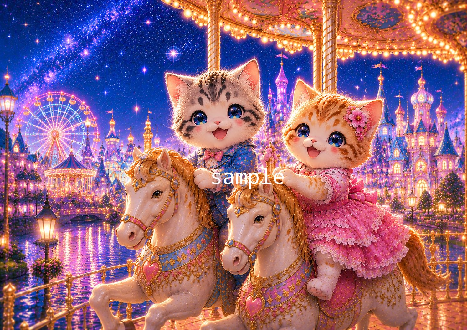 星空のメリーゴーランド】夜の遊園地で微笑む子猫カップル ヒーリング