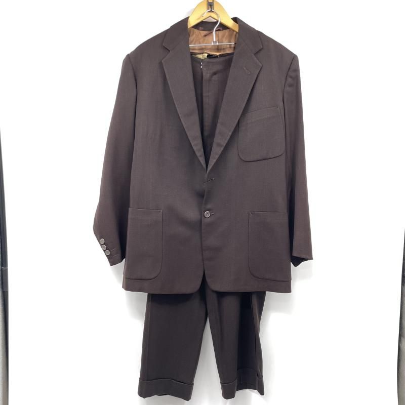 【中古】60～70s スーツセットアップ サイズ表記なし ブラウン ▲第一ボタン欠品、パンツ内側ほつれ大 襟吊り破損[17][240017782481] 中古】60～70s スーツセットアップ サイズ表記なし ブラウン △第一