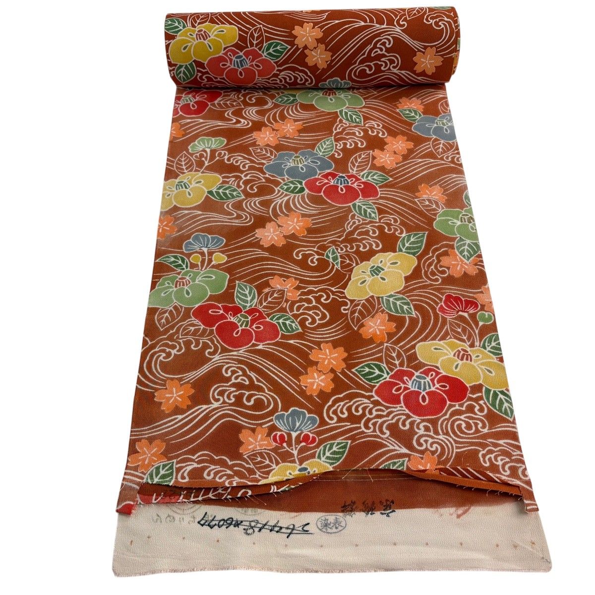 反物 秀品 小紋 波頭 椿 赤茶 正絹 【中古】