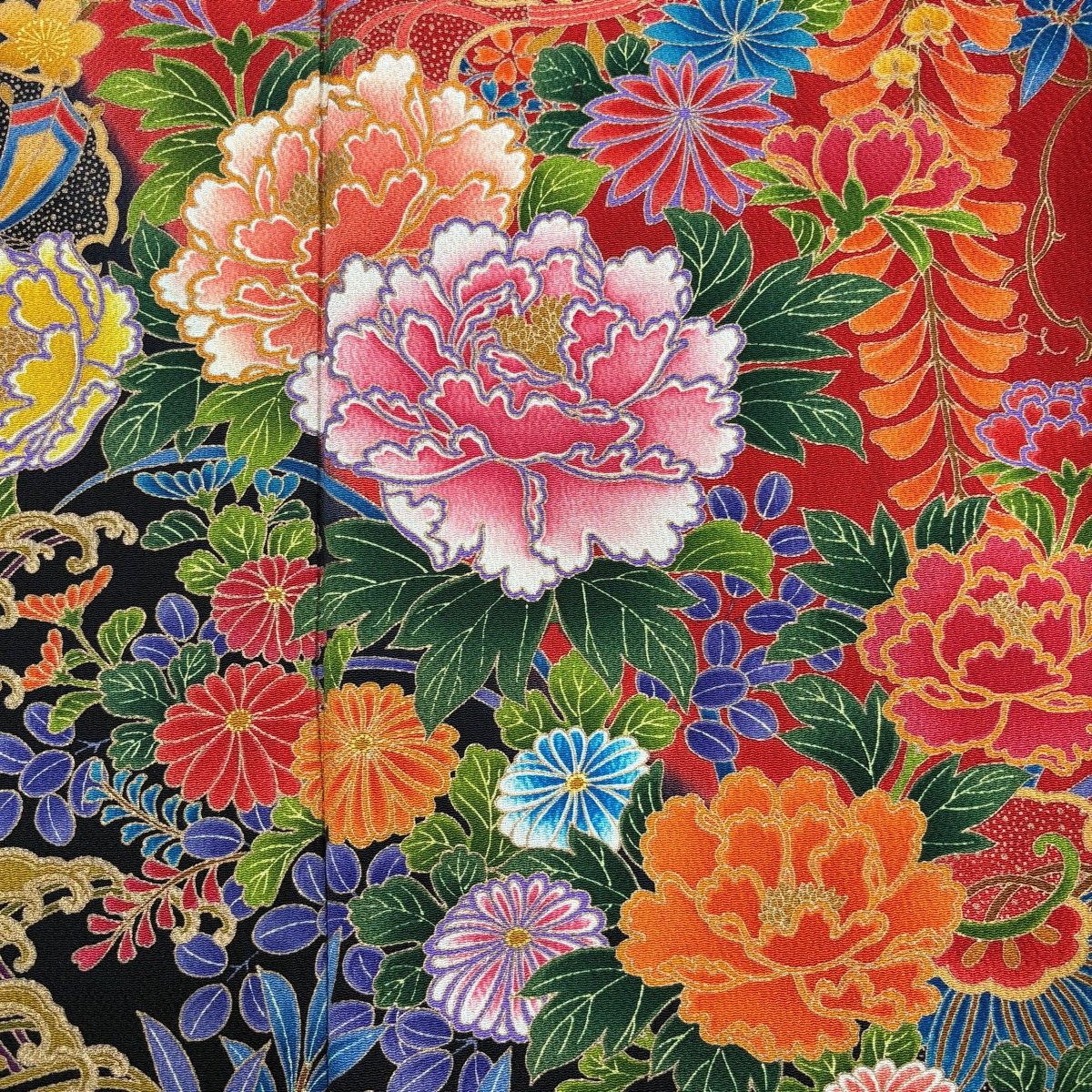 振袖 身丈167.5cm 裄丈70cm L 袷 牡丹 松竹梅 金彩 縮緬 赤 正絹 秀品