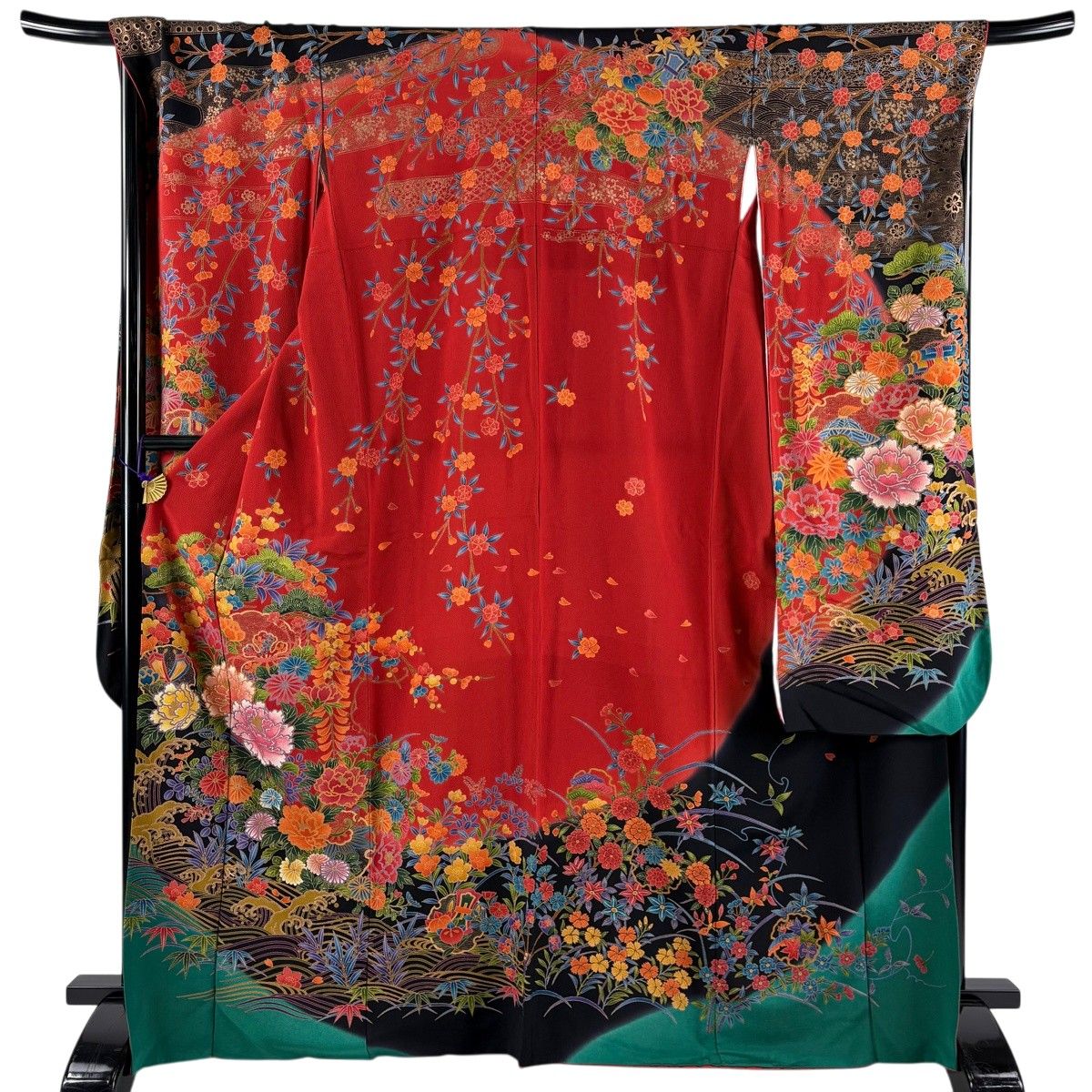 振袖 身丈167.5cm 裄丈70cm L 袷 牡丹 松竹梅 金彩 縮緬 赤 正絹 秀品 【中古】