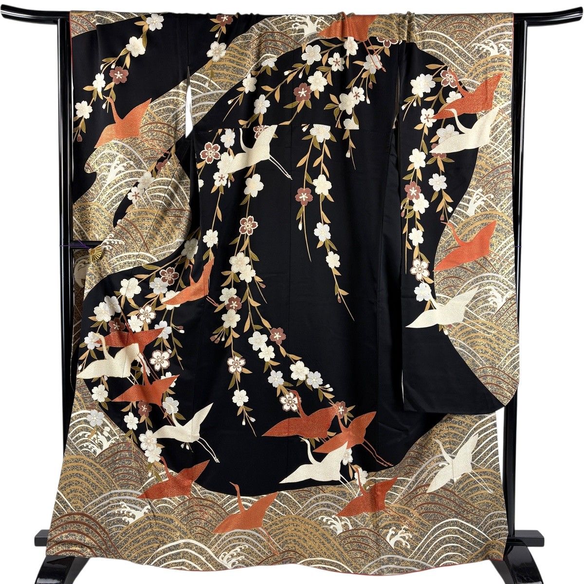 振袖 身丈164cm 裄丈68.5cm L 袷 鈴乃屋 鶴 枝垂れ桜 金糸 金彩 黒 正絹 秀品 【中古】
