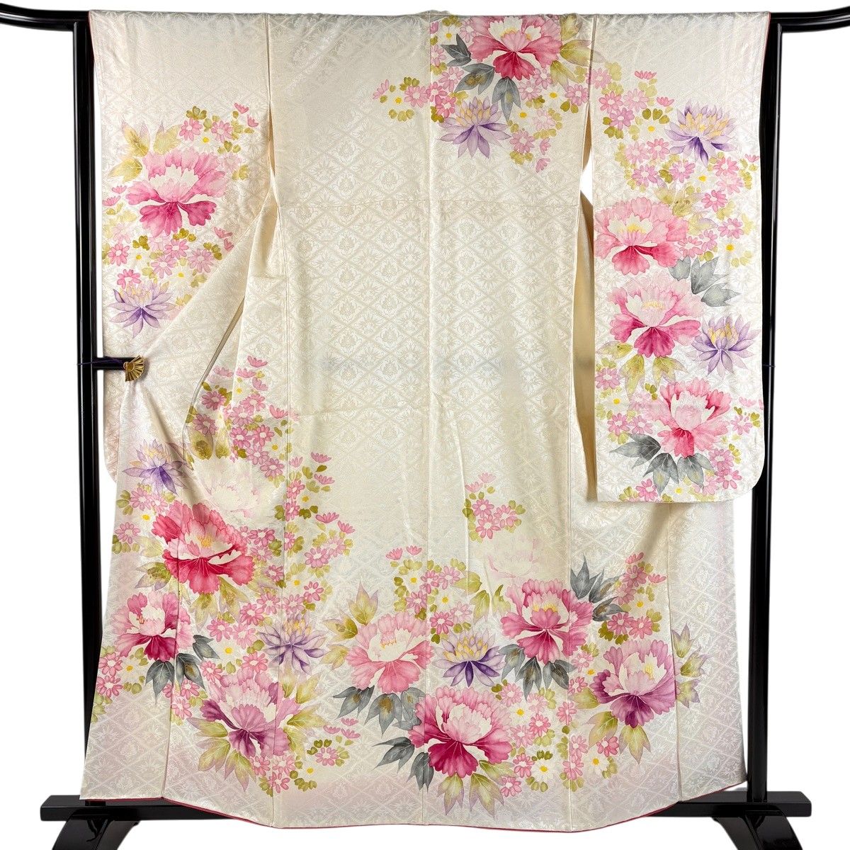 振袖 身丈160cm 裄丈65.5cm M 袷 牡丹 草花 金彩 クリーム 正絹 秀品 【中古】