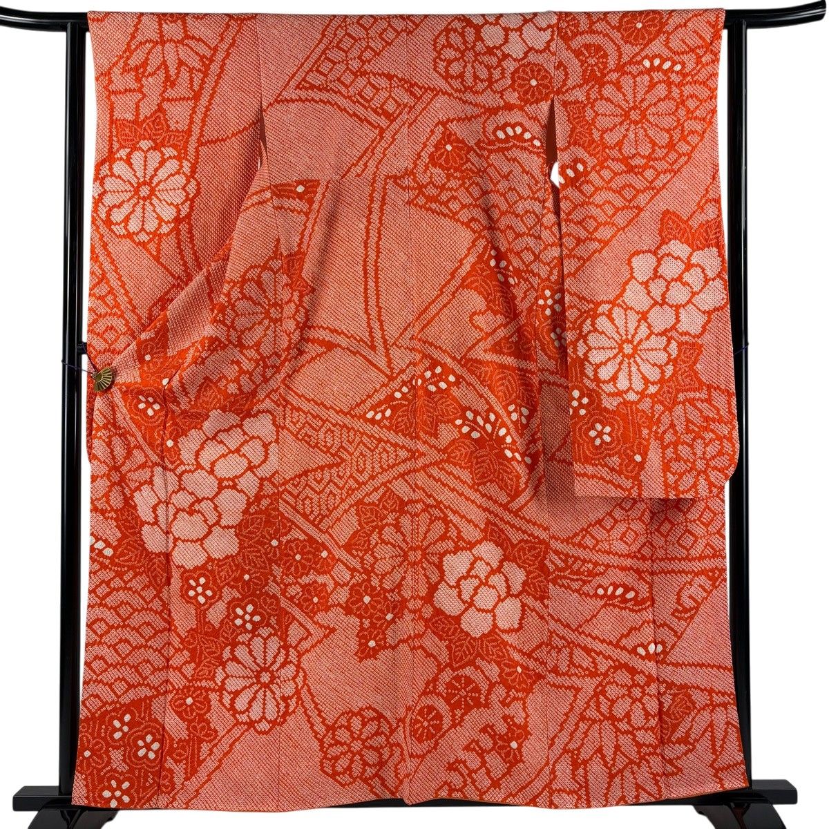 振袖 身丈159cm 裄丈62cm S 袷 牡丹 青海波 オレンジ 正絹 秀品 【中古】