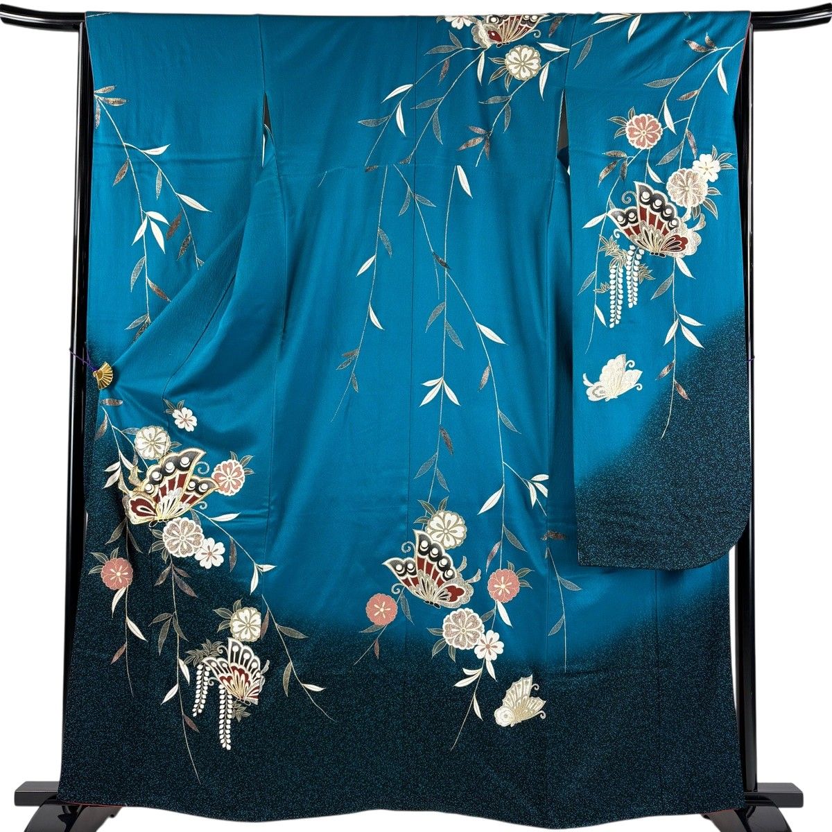 振袖 身長147-162cm 鮮やかな青　正絹　古典 振袖 身丈162.5cm 裄丈65cm M 袷 蝶 枝垂れ桜 金糸 金銀彩 青緑 正絹