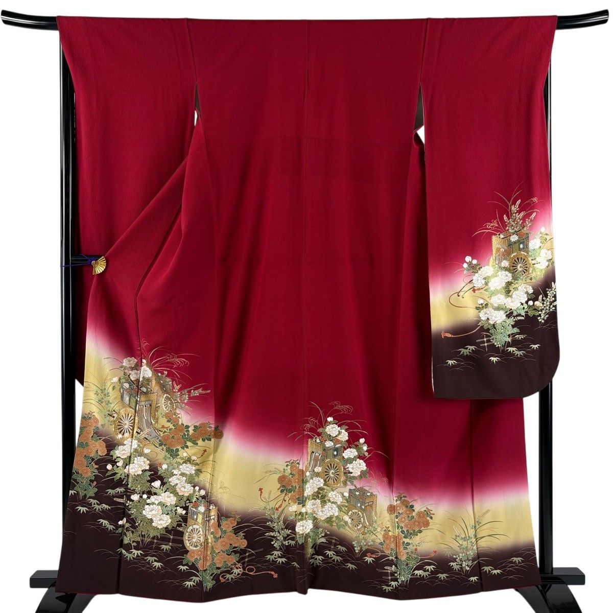 【美品】 振袖 身丈161cm 裄丈67.5cm L 袷 御所車 草花 金銀彩 染め分け 赤 正絹 秀品 【中古】