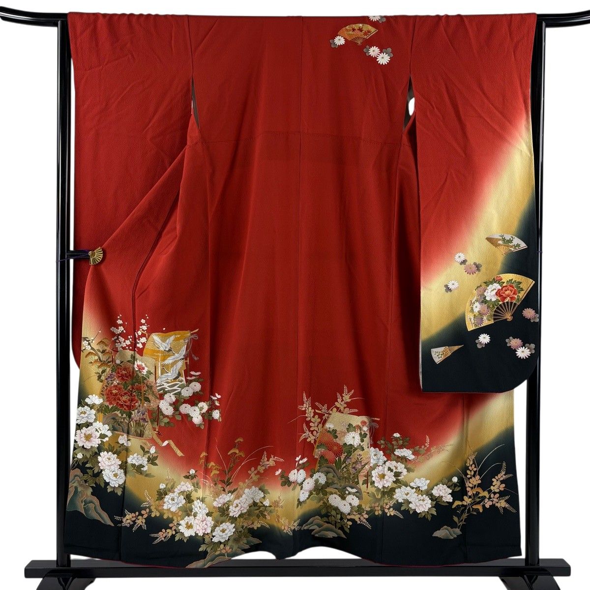振袖 身丈154.5cm 裄丈65cm M 袷 誰が袖 花鳥 刺繍 金銀彩 朱色 正絹 秀品 【中古】