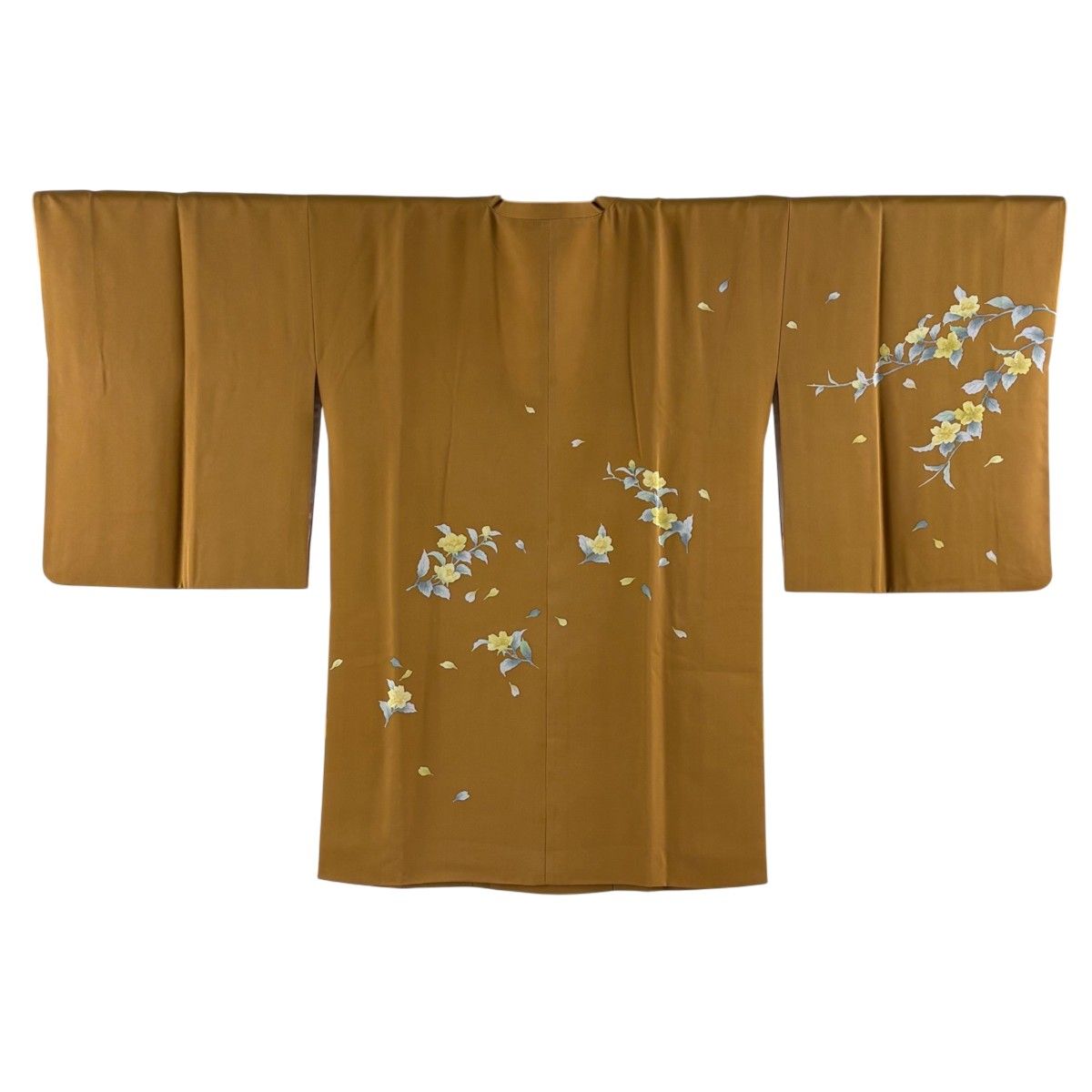 【美品】 道行 身丈86cm 裄丈65cm M 和装コート 角衿 落款 草花 花びら 茶色 正絹 秀品 【中古】