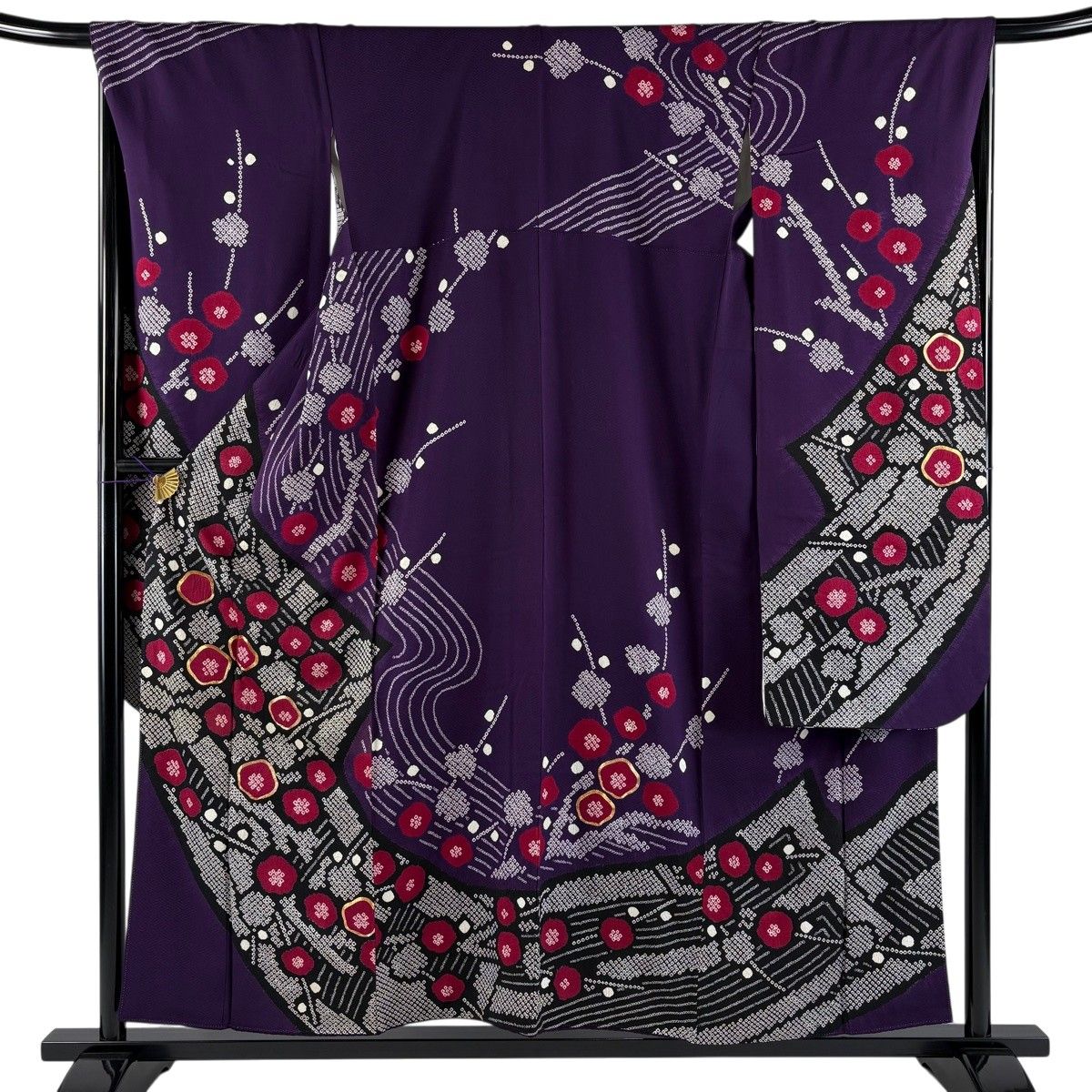 振袖 身丈155cm 裄丈68cm L 袷 梅 流水 金糸 絞り 紫 正絹 秀品 【中古