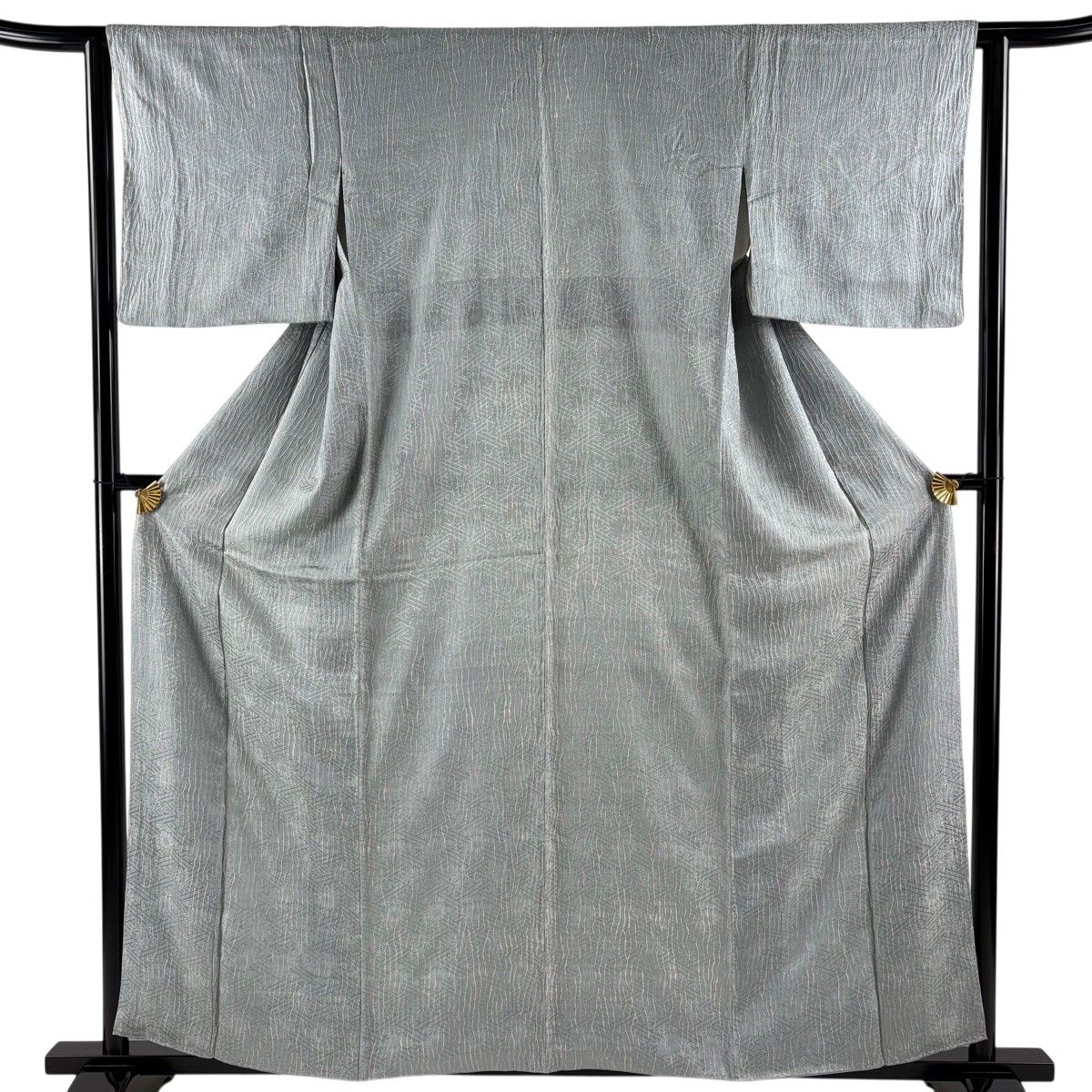 【美品】 小紋 身丈158cm 裄丈62.5cm S 袷 幾何学 地紋 絞り 灰緑 正絹 秀品 【中古】