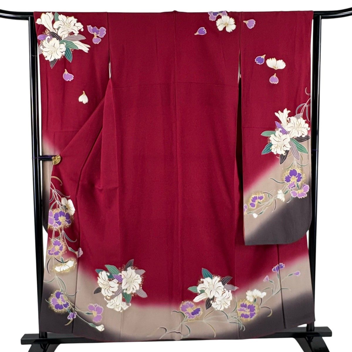 振袖 身丈156cm 裄丈63.5cm S 袷 草花 百合 金糸 金彩 えんじ色 正絹 秀品 【中古】