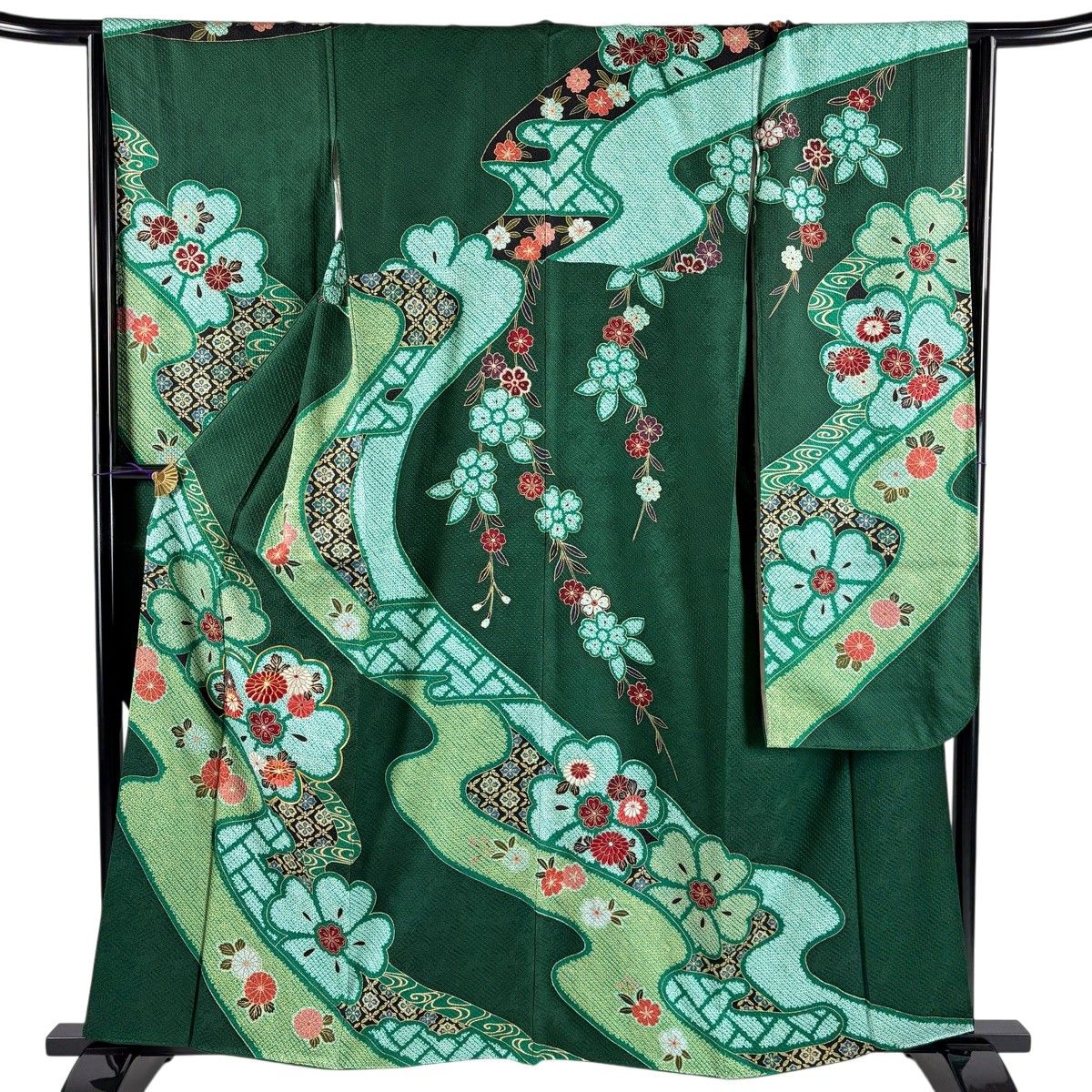 振袖 身丈160.5cm 裄丈65.5cm M 袷 菊 流水 刺繍 絞り 深緑 正絹 秀品