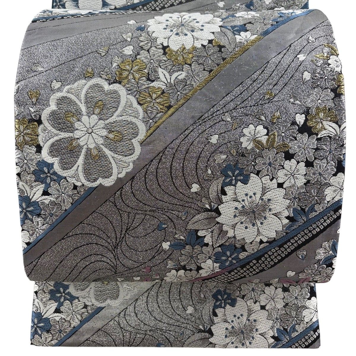 袋帯 秀品 振袖向き 桜 桜の花びら 箔 金銀糸 銀色 六通 正絹 【中古