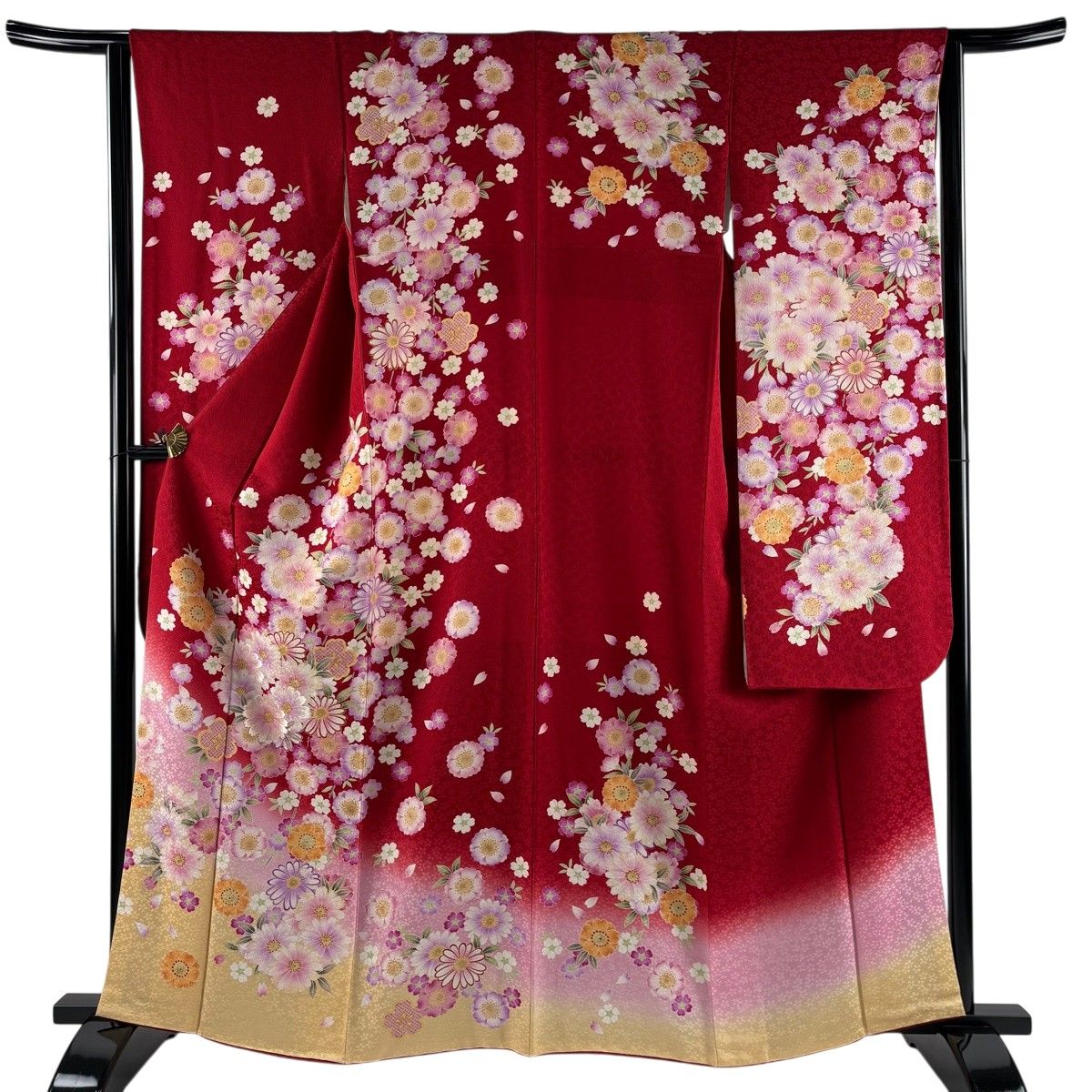 【美品】 振袖 身丈163cm 裄丈63cm S 袷 草花 箔 金彩 赤 正絹 名品 【中古】