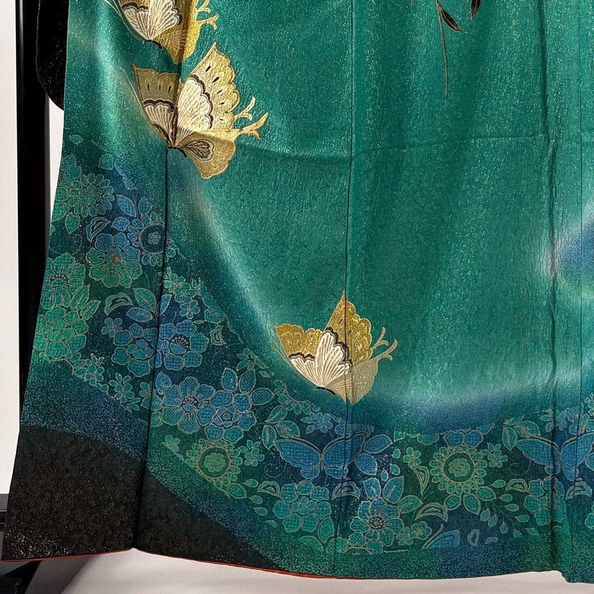 振袖 身丈164cm 裄丈67cm M 袷 蝶 草花 金通し 金彩 緑 正絹 名品 【中古】 振袖 身丈164cm 裄丈67cm M 袷 蝶 草花 金通し 金彩 緑 正絹 名品 【中古】